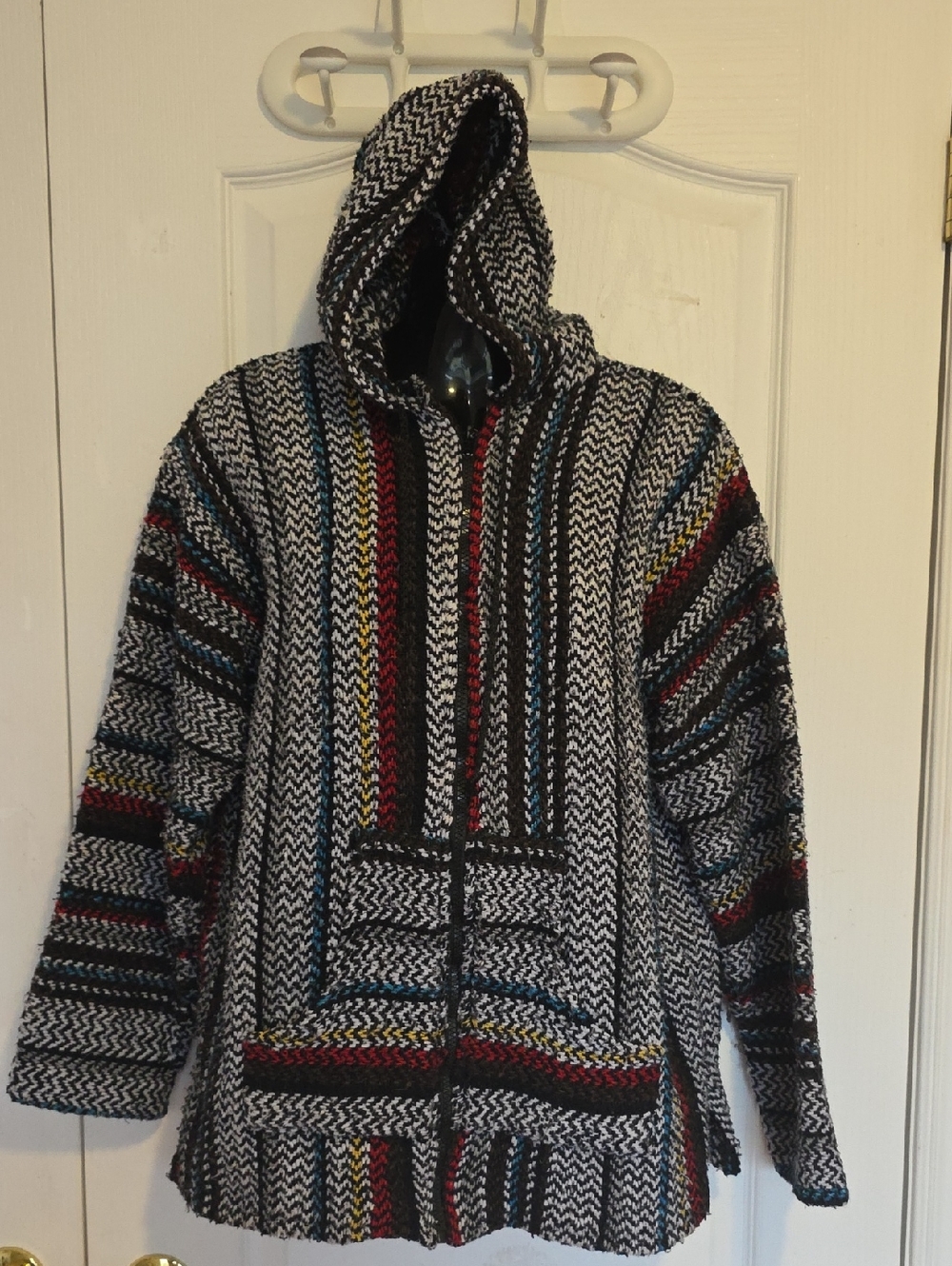 Baja Joe Mexican Woven Striped Full Zip Hoodie w Pouch Pockets S Med